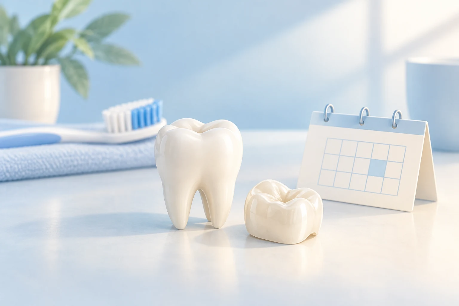 Dental crown care illustration with a crown, toothbrush and appointment reminder