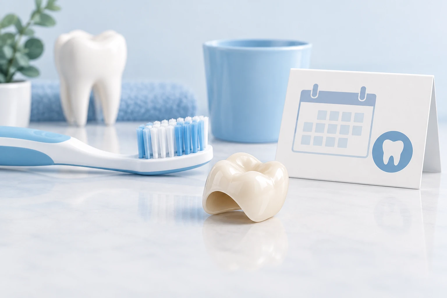 Dental crown, soft toothbrush and appointment reminder AI illustration
