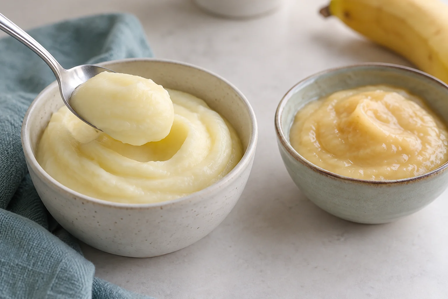 Glattes Kartoffelpüree und Bananenmus als illustrative Beispiele für weiche Speisen