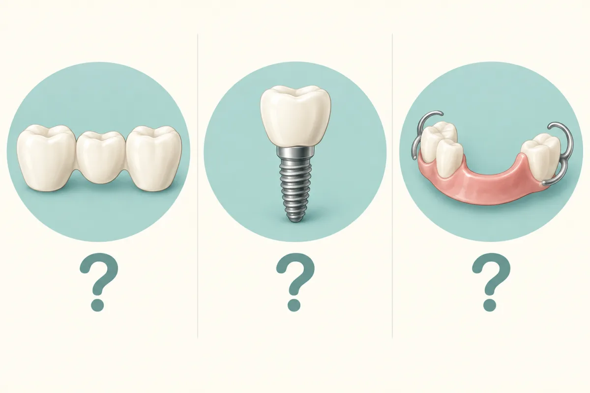 Köprü, implant üstü restorasyon ve hareketli protez seçeneklerini karşılaştıran temsili şema