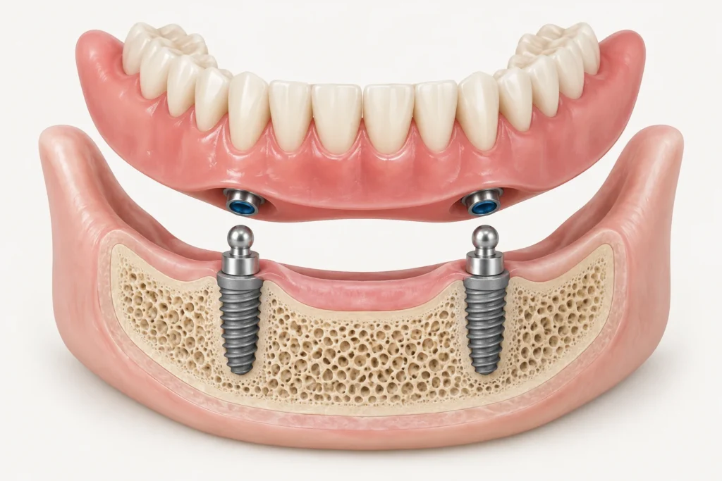 İki implant üzerinde tutunan çıkarılabilir alt çene protezini anlatan temsili eğitim görseli